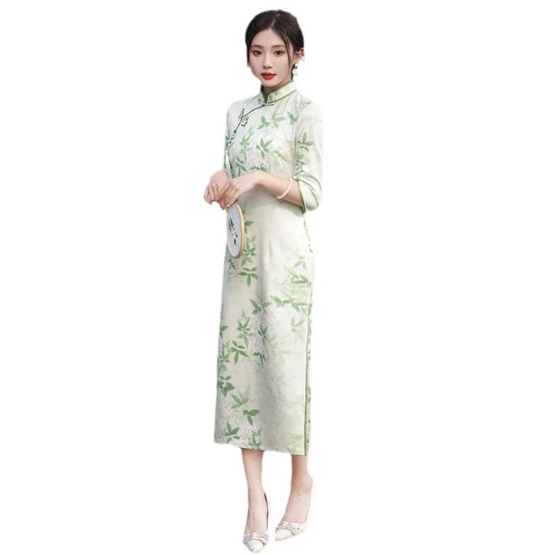 

Chinese Style Green Print Qipao Suede Cheongsam Stand Collar Tassel Decoration Mid Sleeved Side Slit Slim Fit Dress for Women