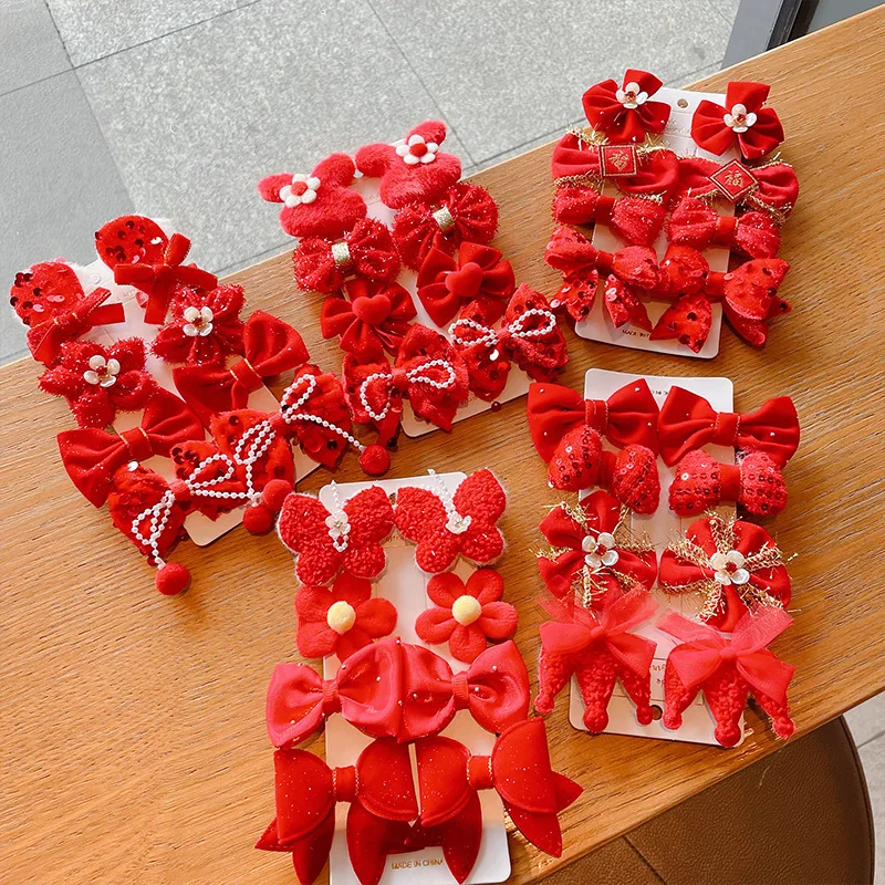 Hair Clips Fabric Red Bow New Year Festive Headwear for Baby Girls Toddler Kids Non Slip Gentle Grip Party Travel Daily