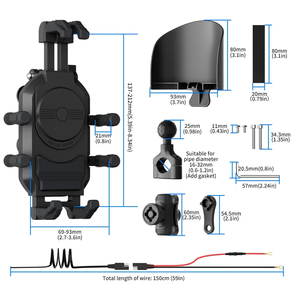 15W Motorcycle Bicycle Wireless Charger Phone Holder Stand 360° Rotation Waterproof Handlebar Mount Bracket Shockproof With Hat