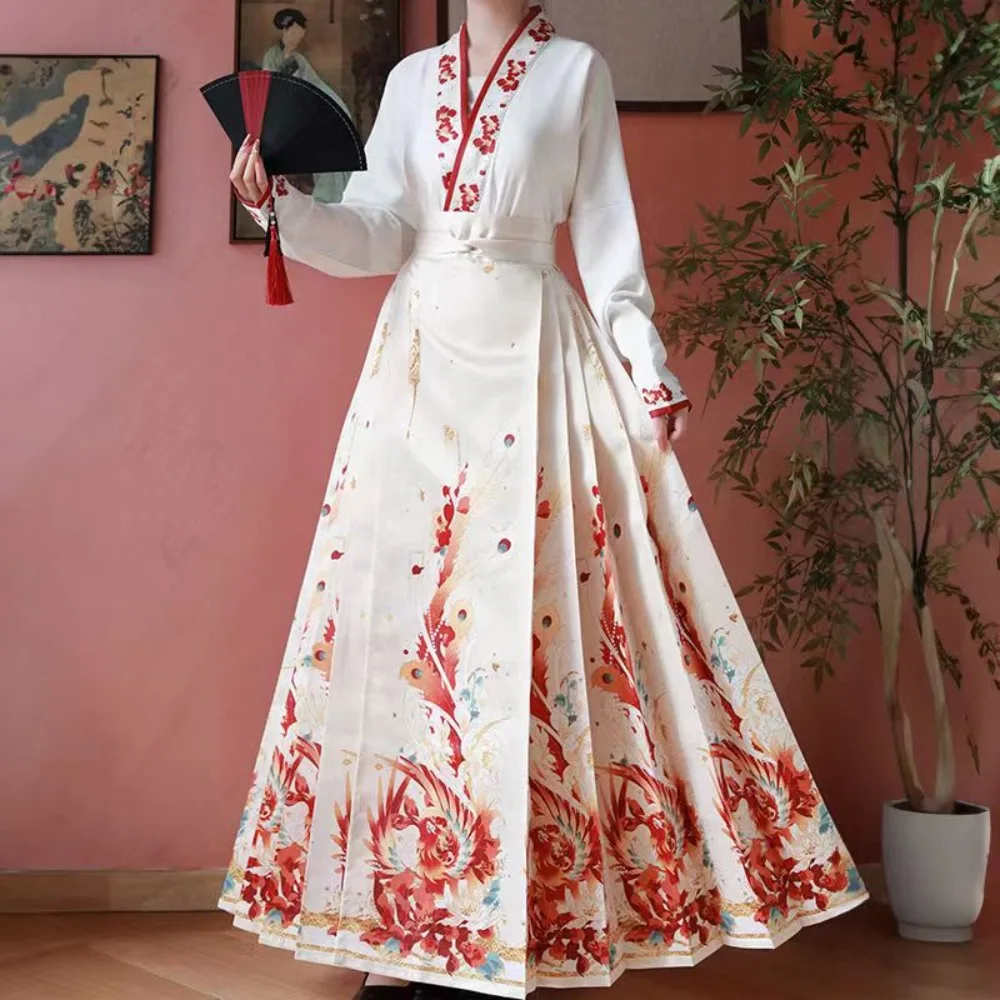 Винтажная юбка Hanfu с изображением лошади, Модный женский костюм из 2 предметов, рубашка, юбка со складками, белый, красный, черный, Mamianqun