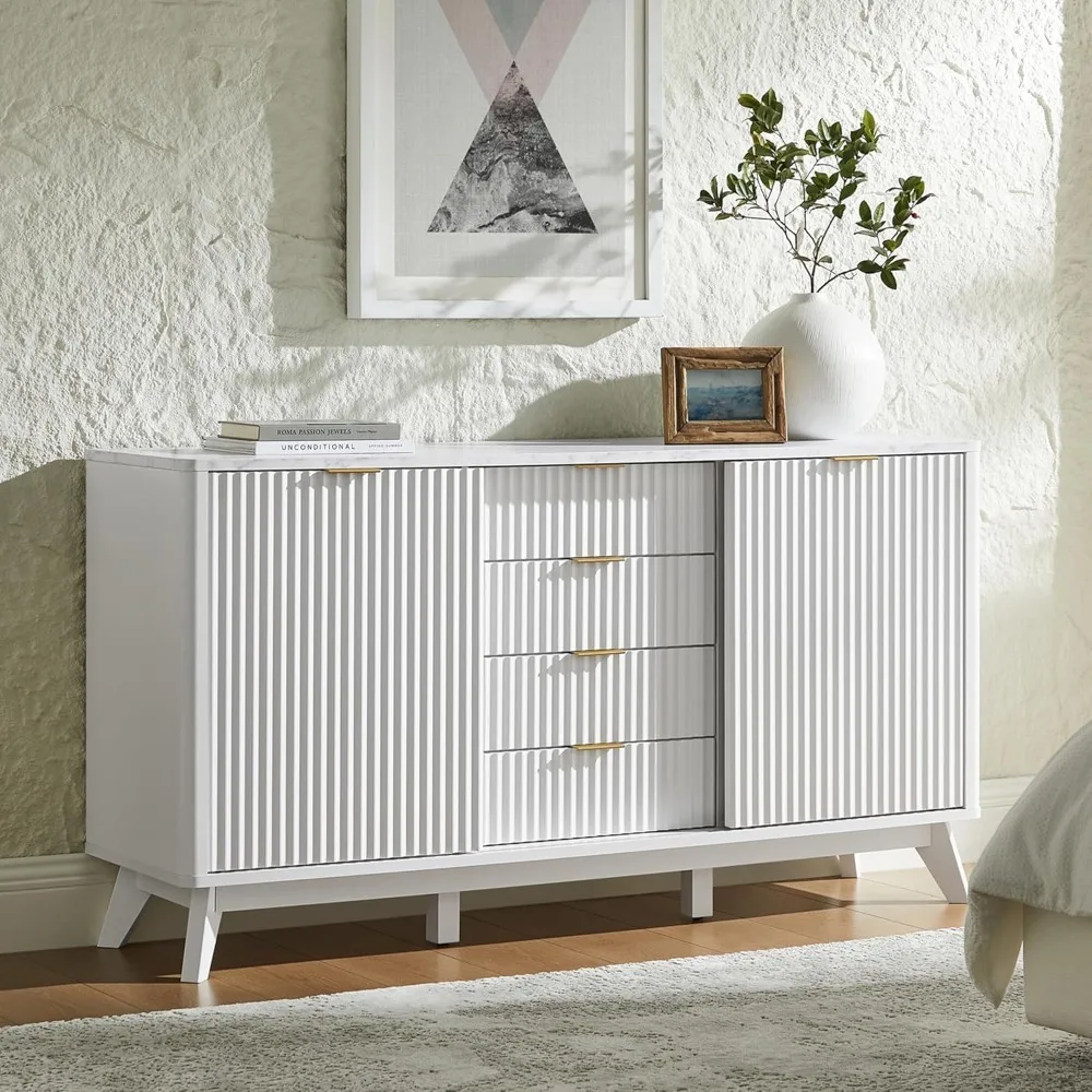 Modern 60-inch Fluted Dresser with Sliding Doors, 4 Drawers, Faux Marble Top, Curved Design, and TV Stand Feature