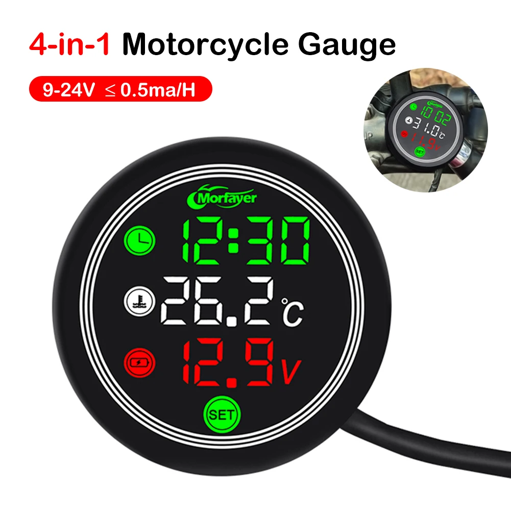 9-24V Motorcycle Thermometer LED Digital Display Electronic 4 In 1 Water Temperature Meter Voltmeter Gauge Low Voltage Alarm