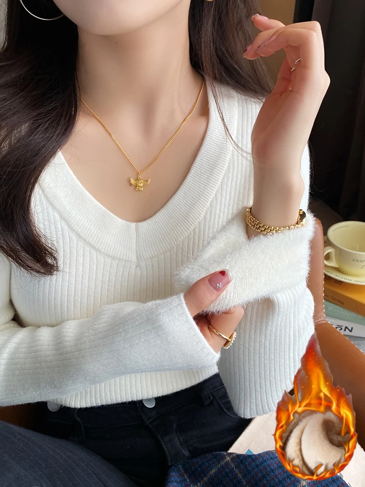 Modischer, mit Fleece gefütterter, verdickter Pullover mit V-Ausschnitt, 2026, warmer Damen-Winter-Langarmpullover, eleganter, solider, lässiger Strickpullover