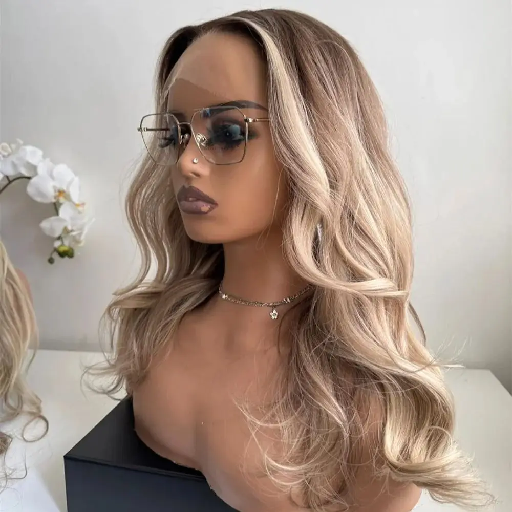 

Brown Blonde Highlights Lace Front Wig 13x4 Pre-Plucked Synthetic Shoulder Wavy Glueless Natural Looking Wig for Daily Use