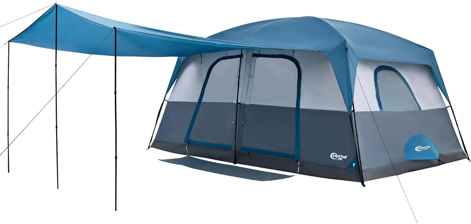 10 Person Camping Tent with Porch, Big Family Cabin Tent with 2 Rooms, 2 Doors, 2 Ground Vents, 6 Large Mesh Windows