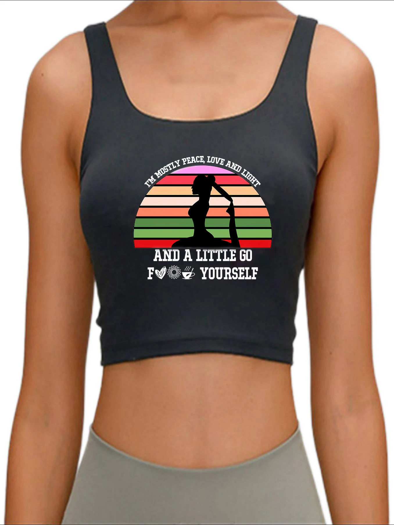 I'm Mostly Peace Love And Light And A Little Go Fo inscription Print Tank Top Women's Yoga Sports Workout Crop Top