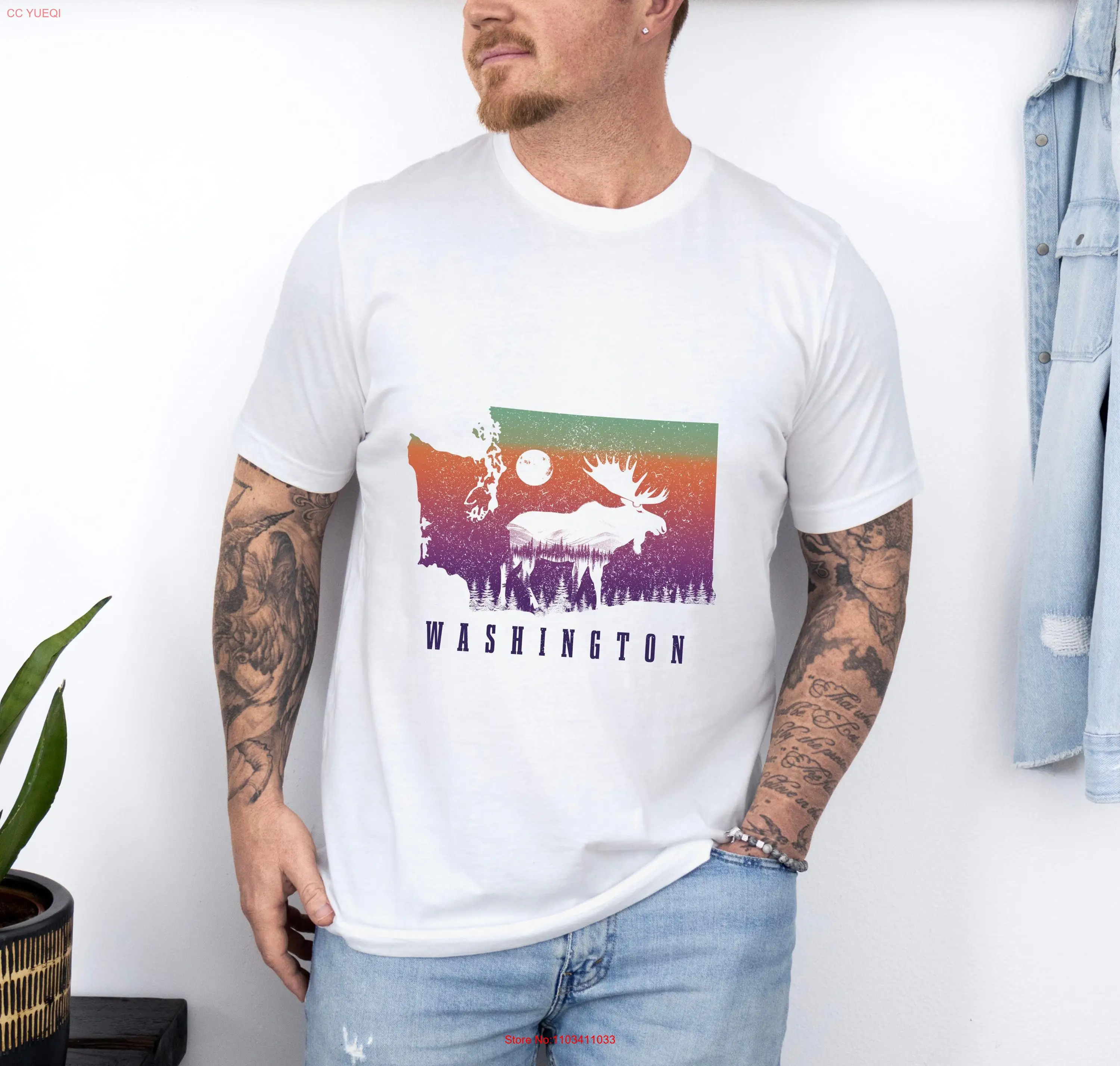Футболка Washington Map State Moose PNW Vintage Pride Nature Lover Idea с длинными или короткими рукавами