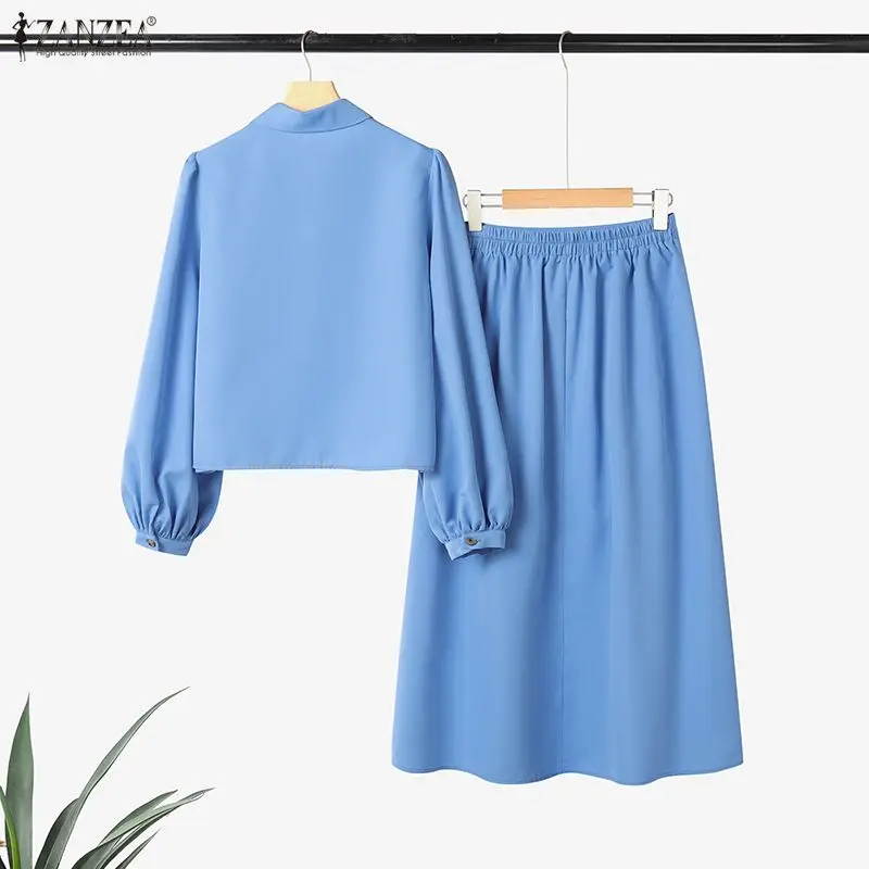 Women's Elegant Casual Skirt Suits 2 Piece Sets Long Sleeve Shirts and Elastic Waist Midi Skirts ZANZEA Woman 2pcs Outfits