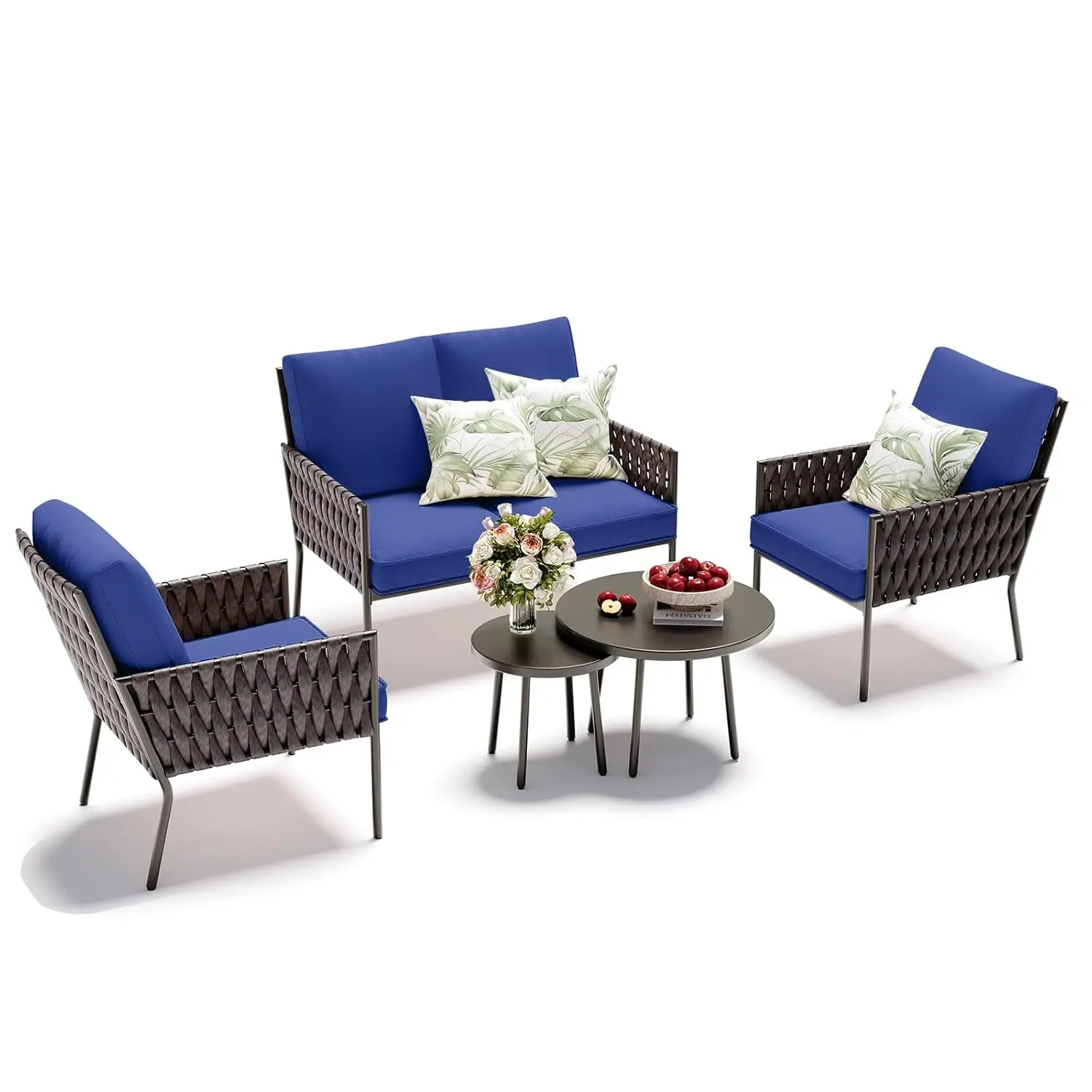 5 Pieces Patio Furniture Set, Patio Conversation Set with Armchairs, Wide Jumbo Rope Wicker Deep Seating with 2 Round Side Table