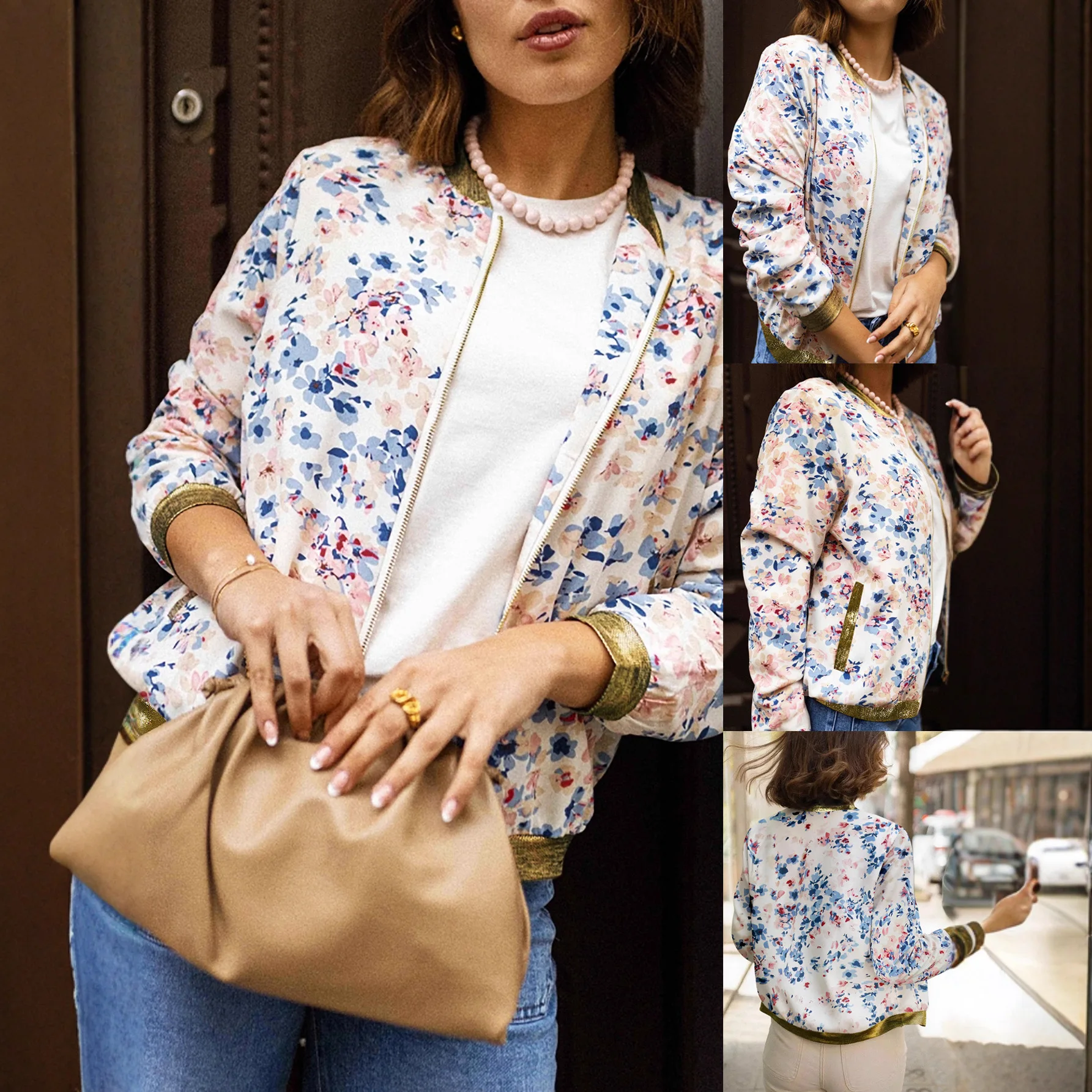 

Elegant Round Neck Long Sleeve Printed Women's Jacket Fashionable Outerwear for Ladies European Style