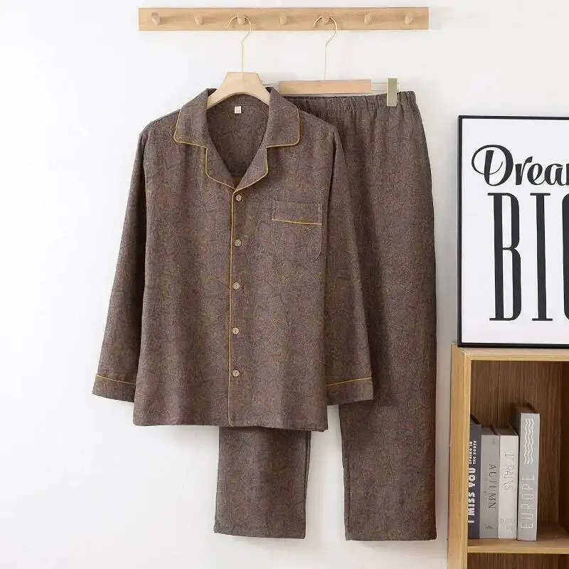 

Хлопковая двухслойная простая мужская весенне-осенняя одежда для сна с тонкими рукавами и длинными брюками, свободный домашний пижамный костюм