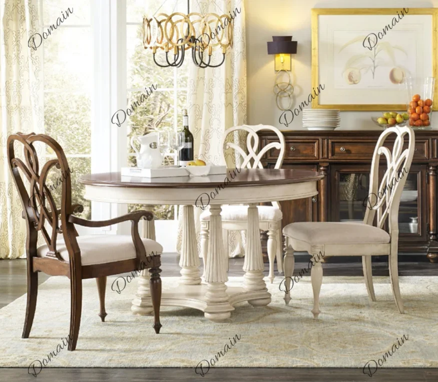 Zl MAmerican retro country old villa round dining table and chair assembly carved mortise and tenon high-end customization q