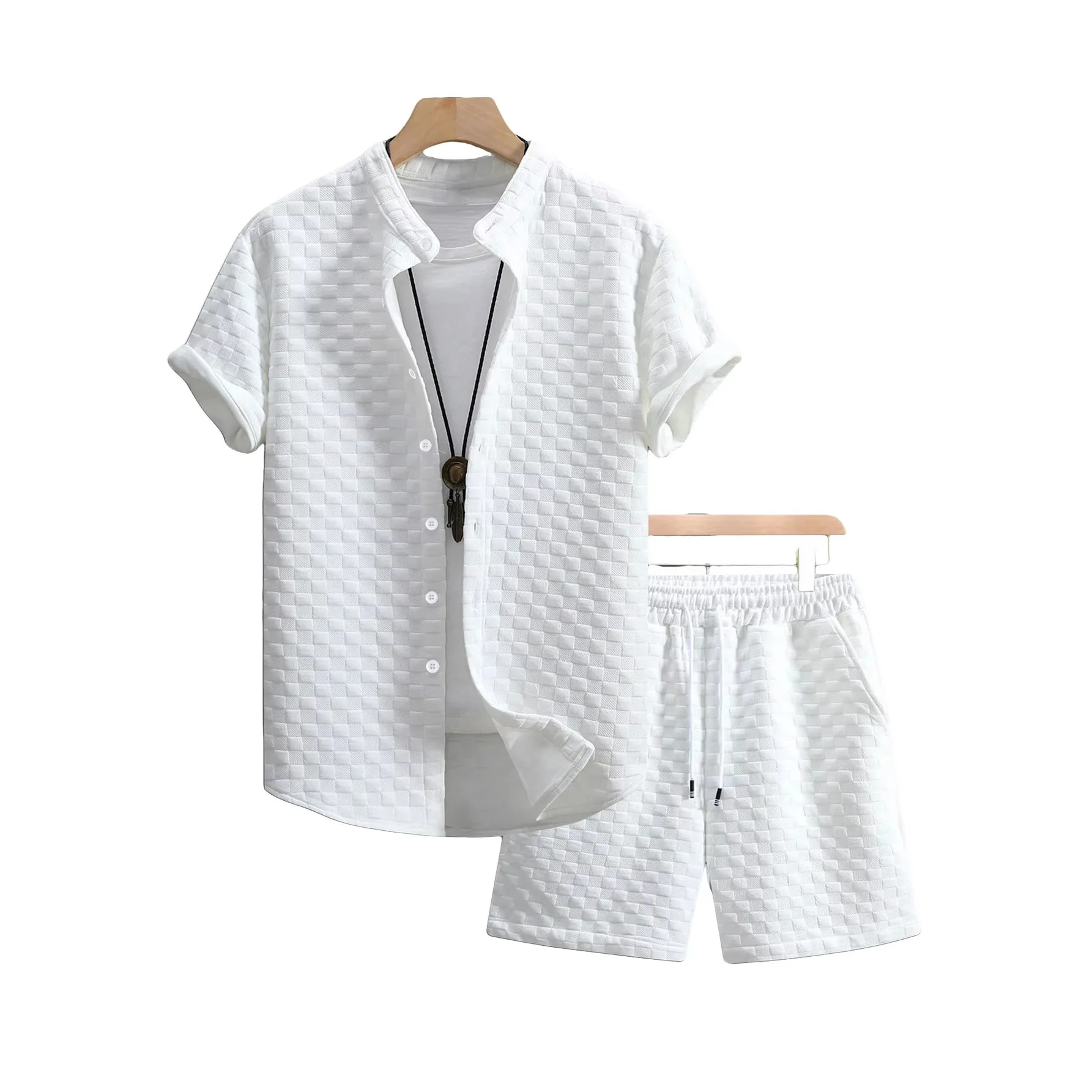 New Men's Waffle Fabric Casual Set Lapel Short Sleeve Top & Shorts Summer Sports Suit 2 Piece Jogging Suits High Quality