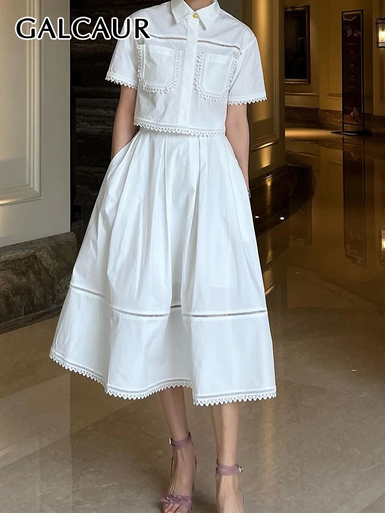 GALCAUR Elegant Two Piece Sets For Women Lapel Short Sleeve Tops High Waist A Line Pleated Skirts Solid Set Female Summer 2025