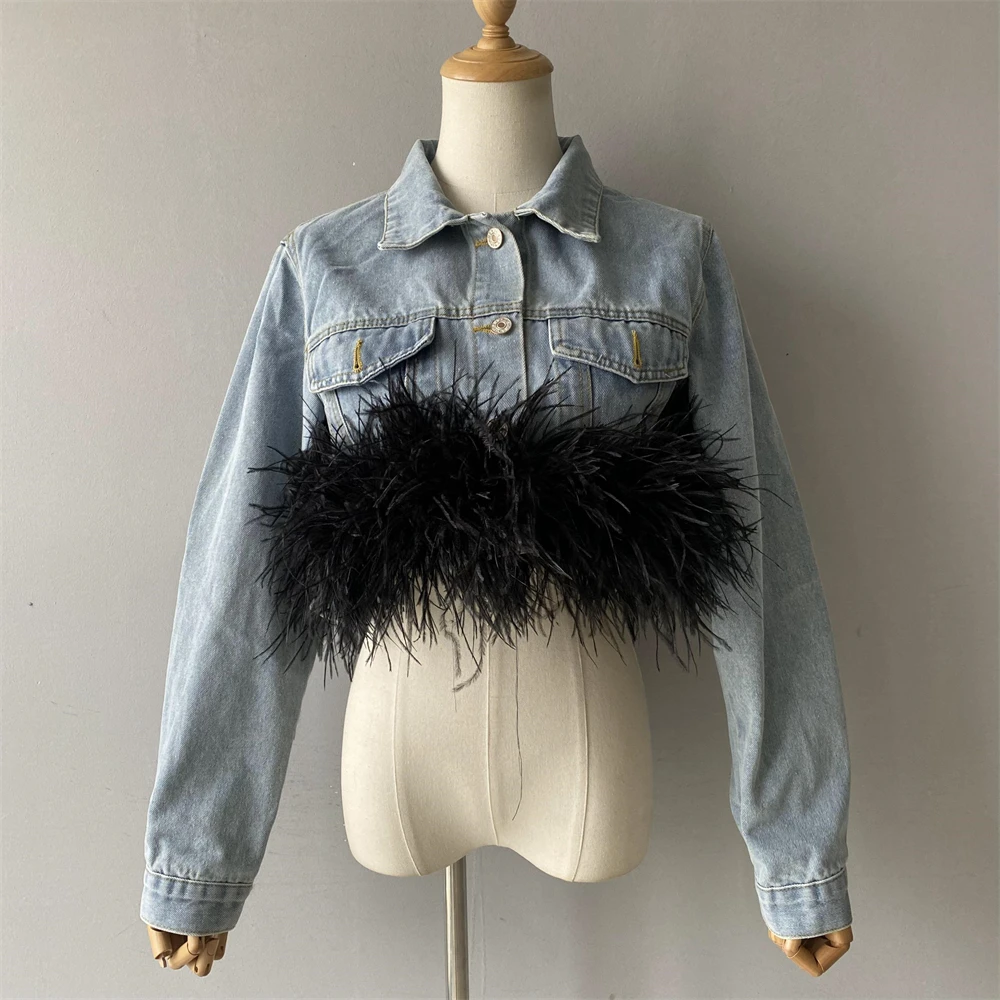 

Luxyonuo Fluffly Real Ostrich Feather Denim Jacket Women 2025 Spring Fashion Jean Jacket with Natural Feather New Outerwear Fall