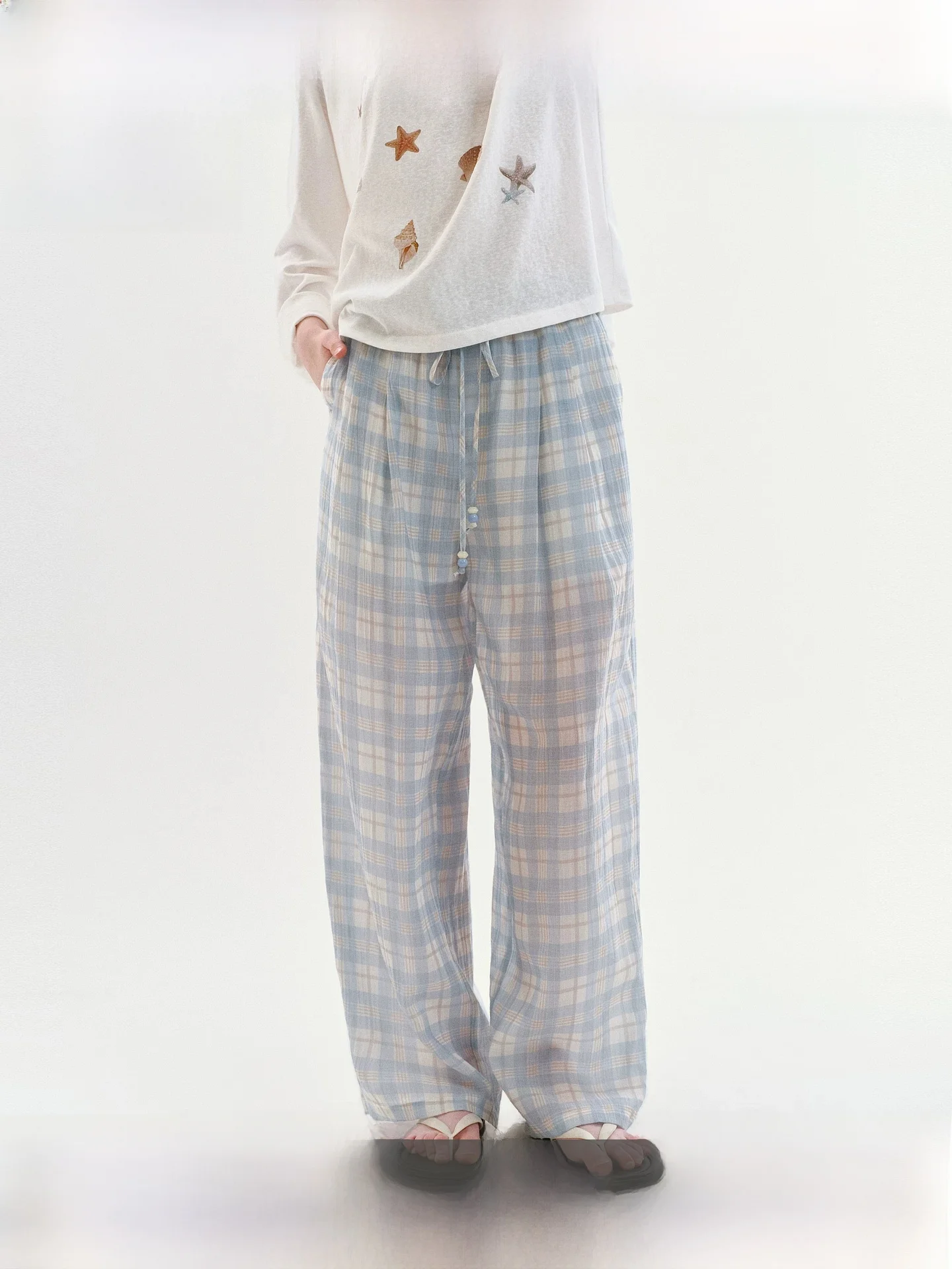 

Fano Lazy Contrast Color Plaid Wide Leg Pants Women's Summer New Elastic Waist Drape Casual Pants Commute Style Straight Tube