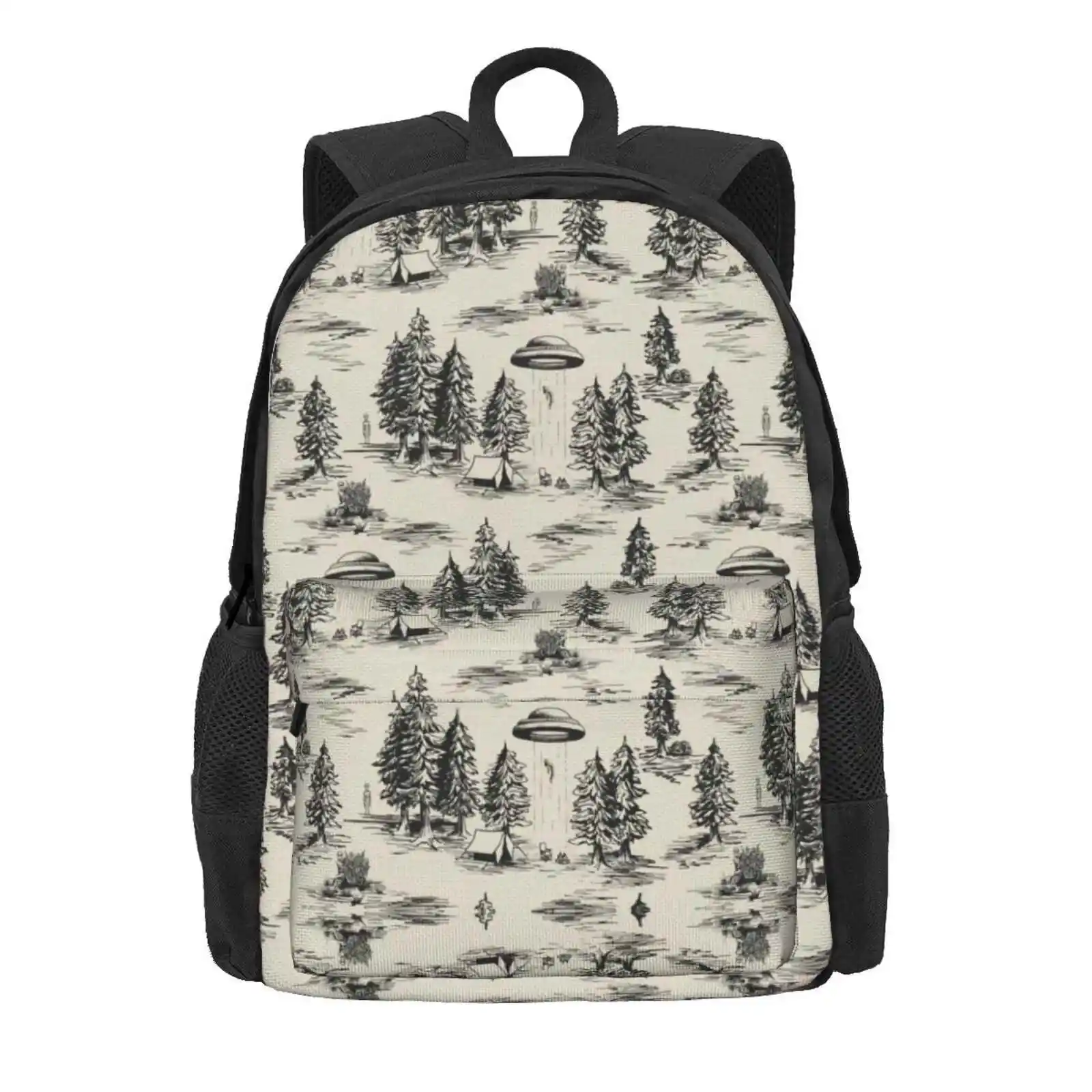 Black Alien Abduction Toile De Jouy Pattern Hot Sale Schoolbag Backpack Fashion Bags Aliens Space Ufos Flying Objects Abduction