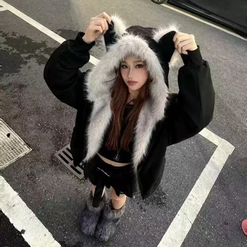 شتاء جديد دافئ أفخم سترة Y2K القط الأذن تصميم مقنعين القطن معطف المرأة الشارع الرجعية الهيب هوب Harajuku لطيف فضفاض جاكيت زيبرا