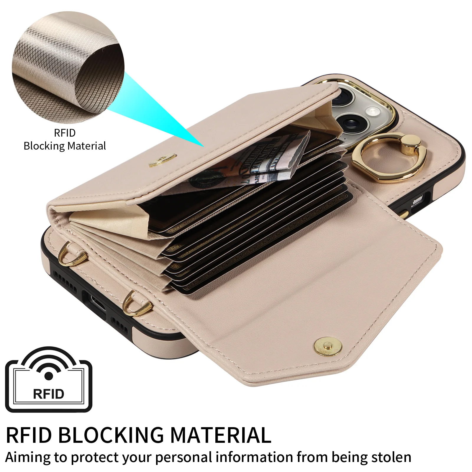 

Wallet Shoulder Strap Case for iPhone 16 Pro Max 14 12 13 15 Pro Max 16 Plus Finger Ring Leather Card Pocket Lanyard Back Cover