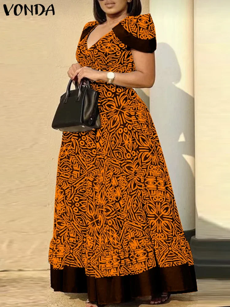 

Plus Size 5XL VONDA Women Summer Vintage Printing Maxi Dress Party Sundress Casual Loose Short Sleeve Robe V-Neck Party Vestidos