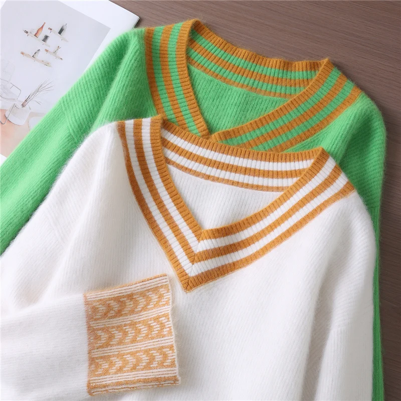 

New V-neck Cashmere Sweater Women Color Blocked European Casual Style Fluffy And Warm Winter Clothes Woman Knitted Pullover Tops