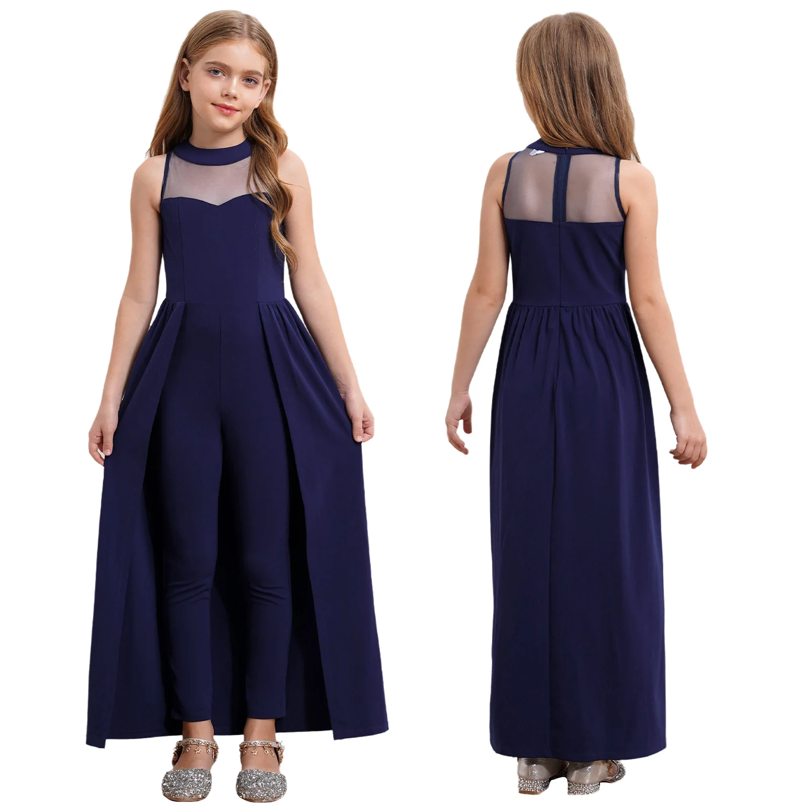 

Girls Elegant Party Dress One Piece Jumpsuit with Sleeveless Mesh Splice Rompers Culottes Birthday Wedding Birthday Prom Gowns