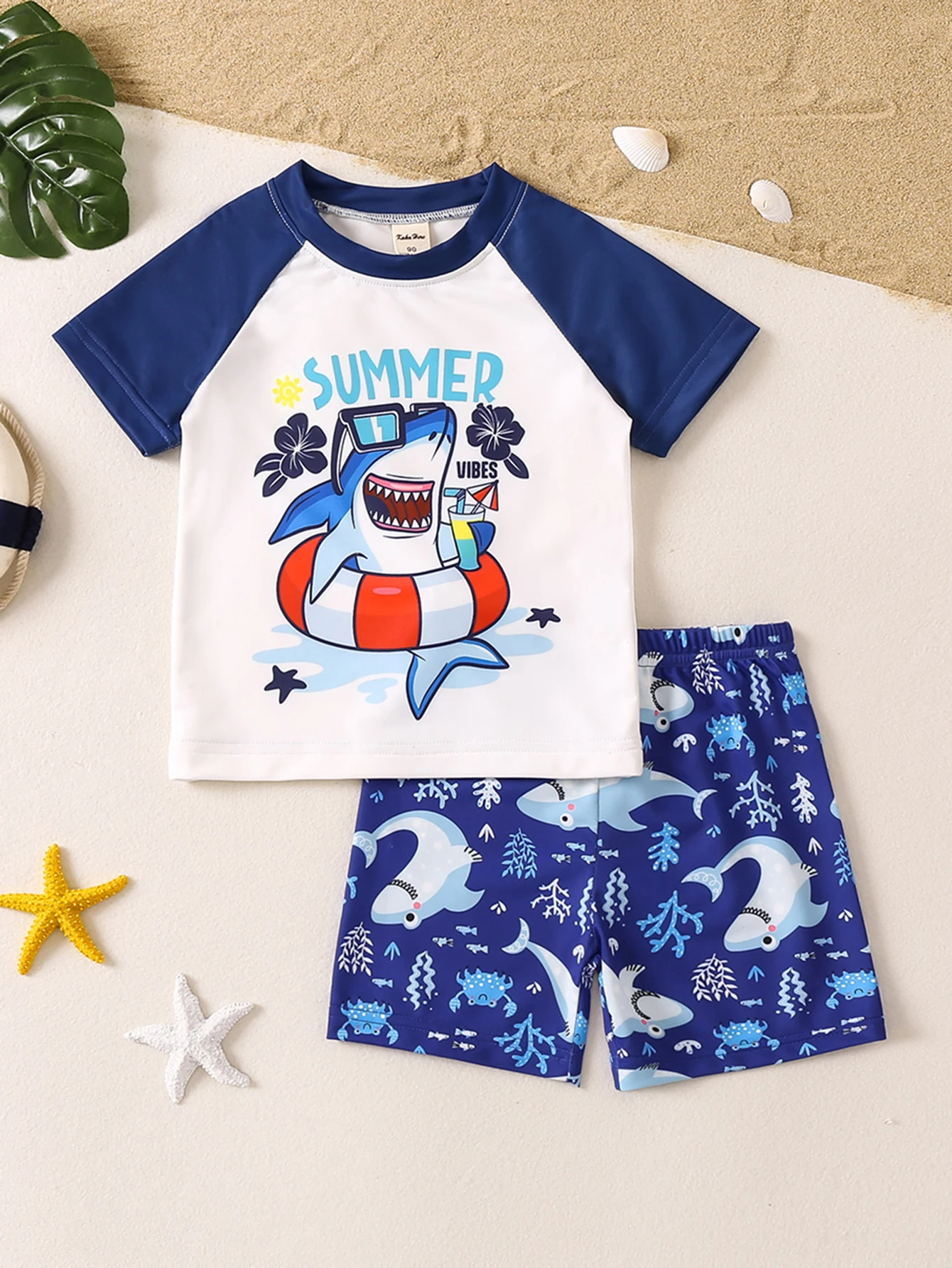 2pcs Cute Shark Pattern Swimsuit For Boys, T-shirt & Swim Trunks Set, Stretchy Surfing Suit, Boys Swimwear For Summer Beach