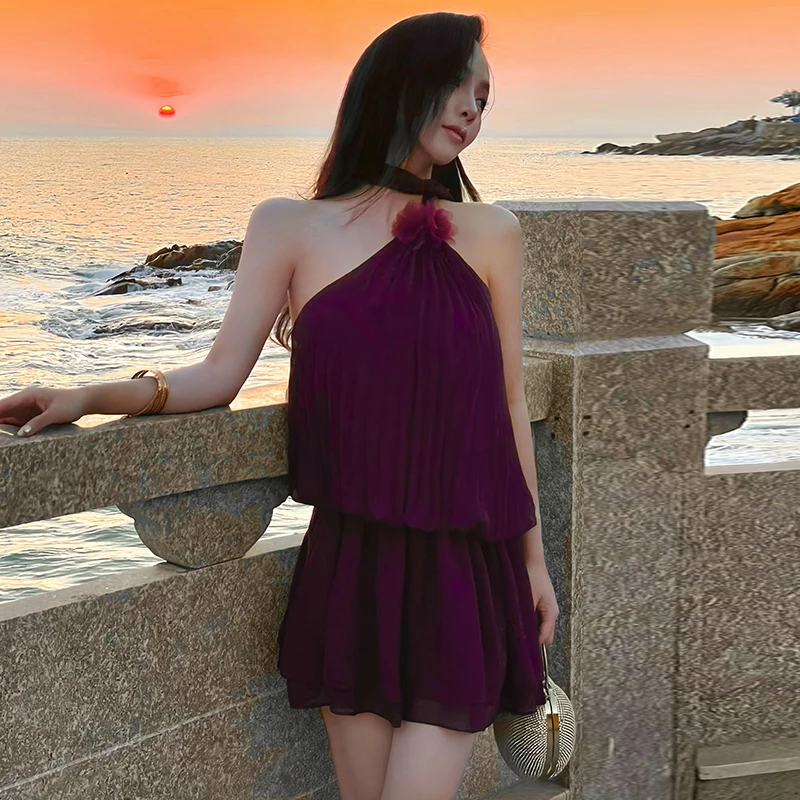 ชุดเดรสสีขาวม่วง ดีไซน์หรูหรา ลายดอกไม้ ทรงเข้ารูป กระโปรงทรงเอ สำหรับผู้หญิง