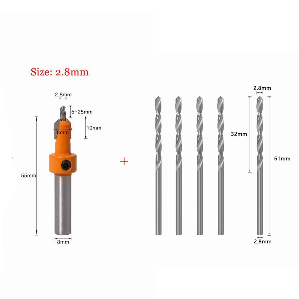 Krachtige 6Pcs 8mm Schaft Senker Bohrer Set Router Fräsen Cutter Holz Twist Bohrer 2,8mm 3mm 3,2mm 3,5mm 4mm