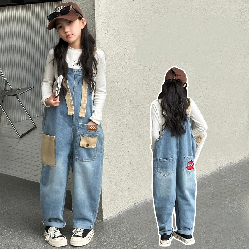 

Trendy Child High Fashion Denim Jumpsuit Bib Jeans With Straps for Girls Casual Suspender Overalls Kids Elegant Street Dungarees