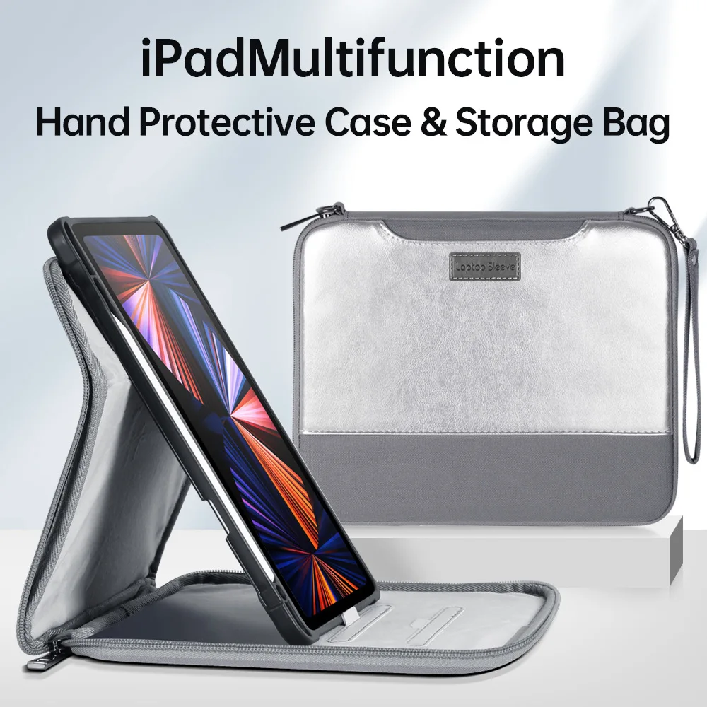 Compatible with Apple iPad 9.7/10.2/11Features handheld rotation, storage pouch, stand, and stylus slot Tablet protective case