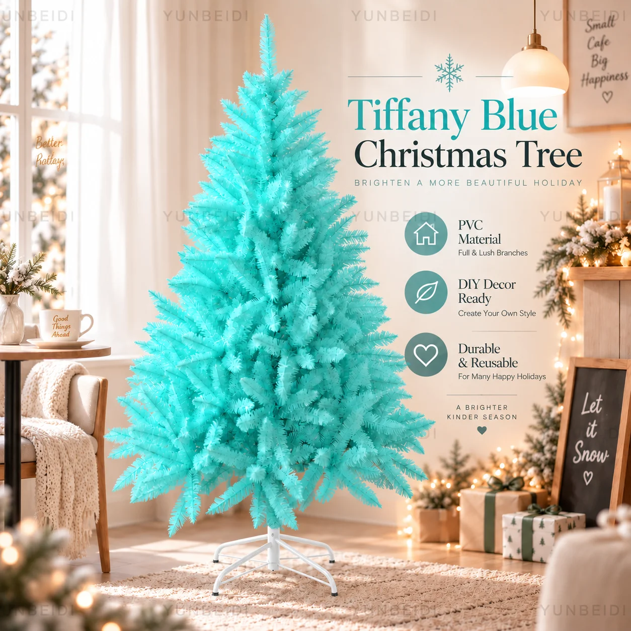 Tiffany-Blauer Künstlicher Weihnachtsbaum PVC Feiertagsbaum mit Metallständer Optional mit LED-Lichtern 120CM-240CM Weihnachtsdekoration für Zuhause und Partys