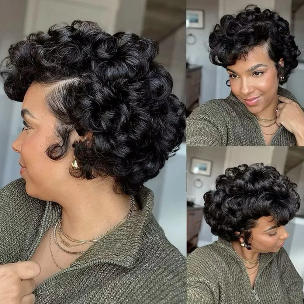 Парики из натуральных волос с стрижкой пикси для чернокожих женщин, дешевый парик из натуральных волос, вьющиеся парики из человеческих волос, полный парик машинного производства