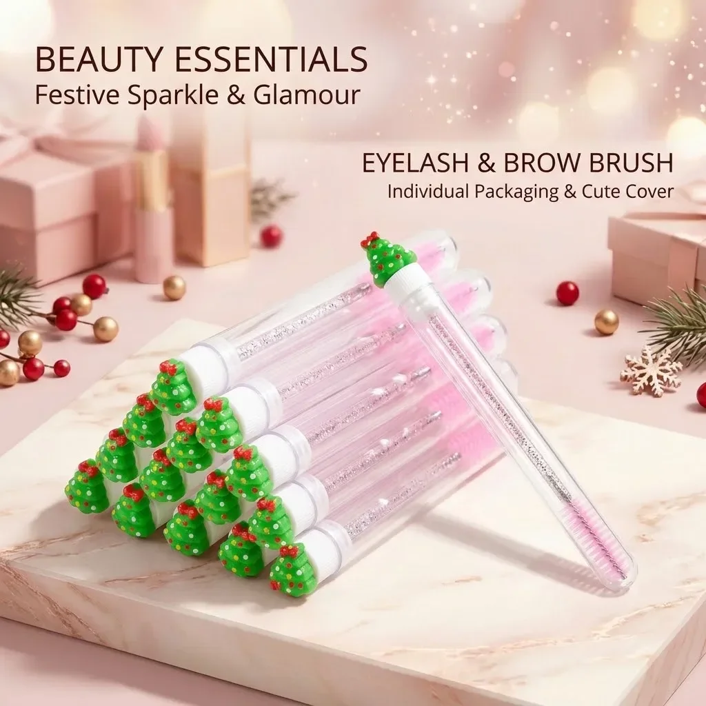 10pcs Christmas Mascara Eyelash Brush in Tube with Christmas tree, Dust-Proof Reusable Mascara Wand Lash Applicator Makeup Tool