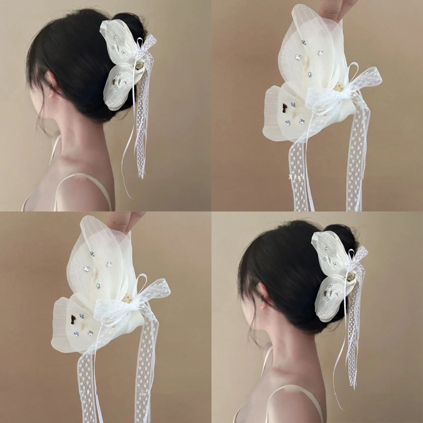 

1 Pcs Ladies' Hair Claw French Butterfly Sparkling Diamond Sweet Lace Ribbon Gentle Hair Grabs Korean Versatile Hair Accessories