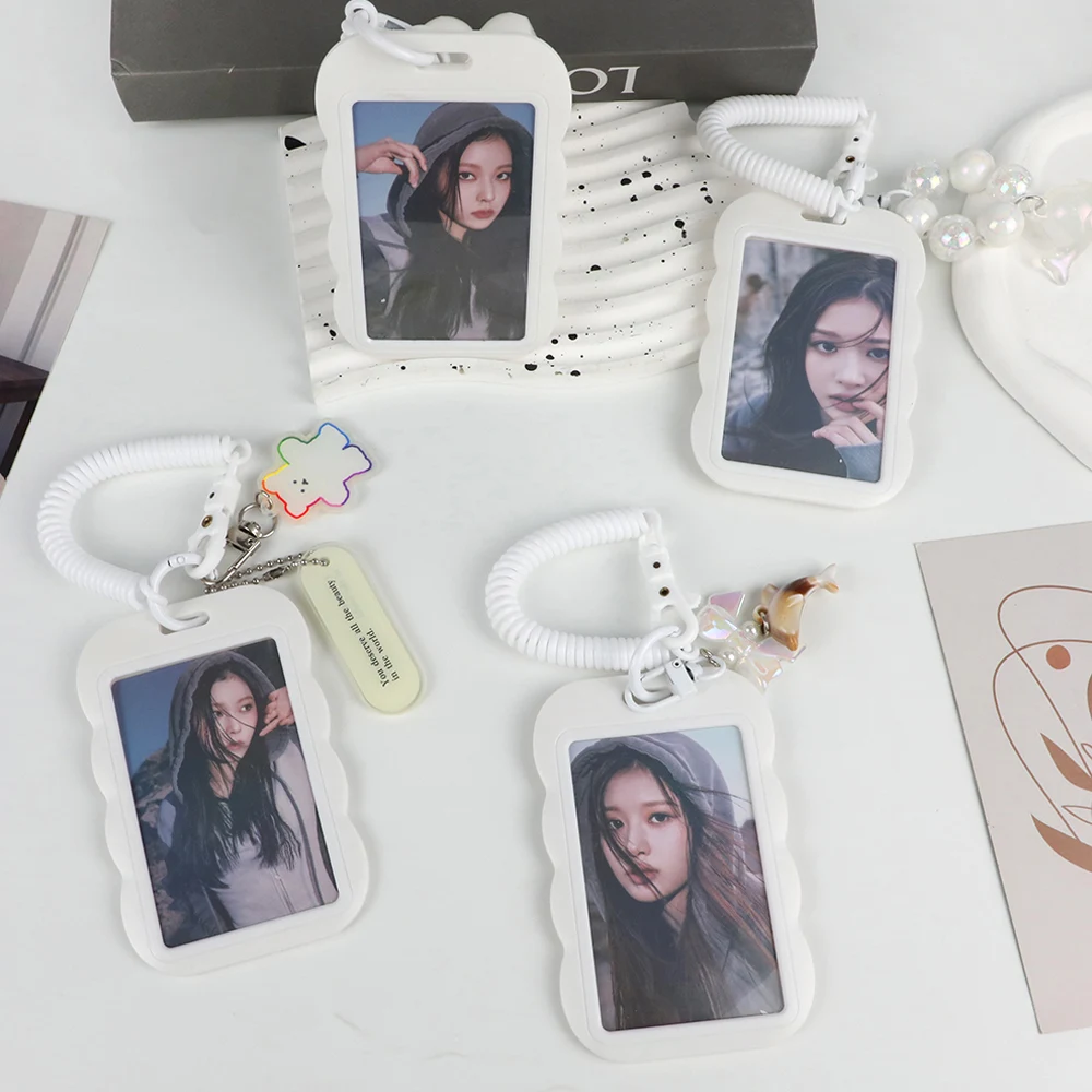 Vertical Idol Photocard Holder Sliding Photo Sleeves White Card Holder Protector Case Ins Photo Frame Girl Gift Anti-loss Chain