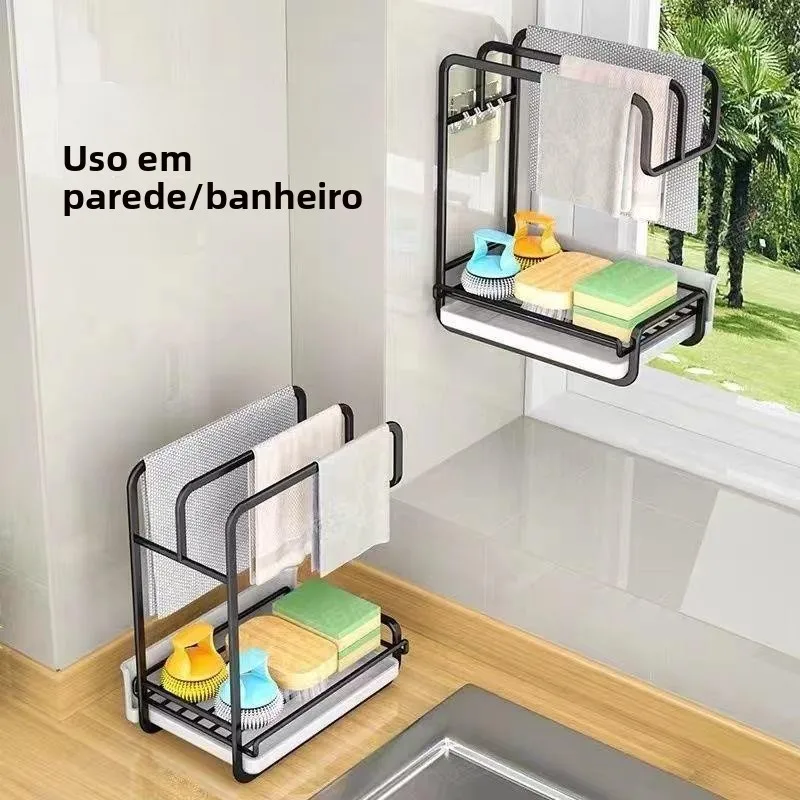Suporte de Parede Multifuncional para Esponjas e Panos de Cozinha com Drenagem, Sem Furos, Organizador Doméstico