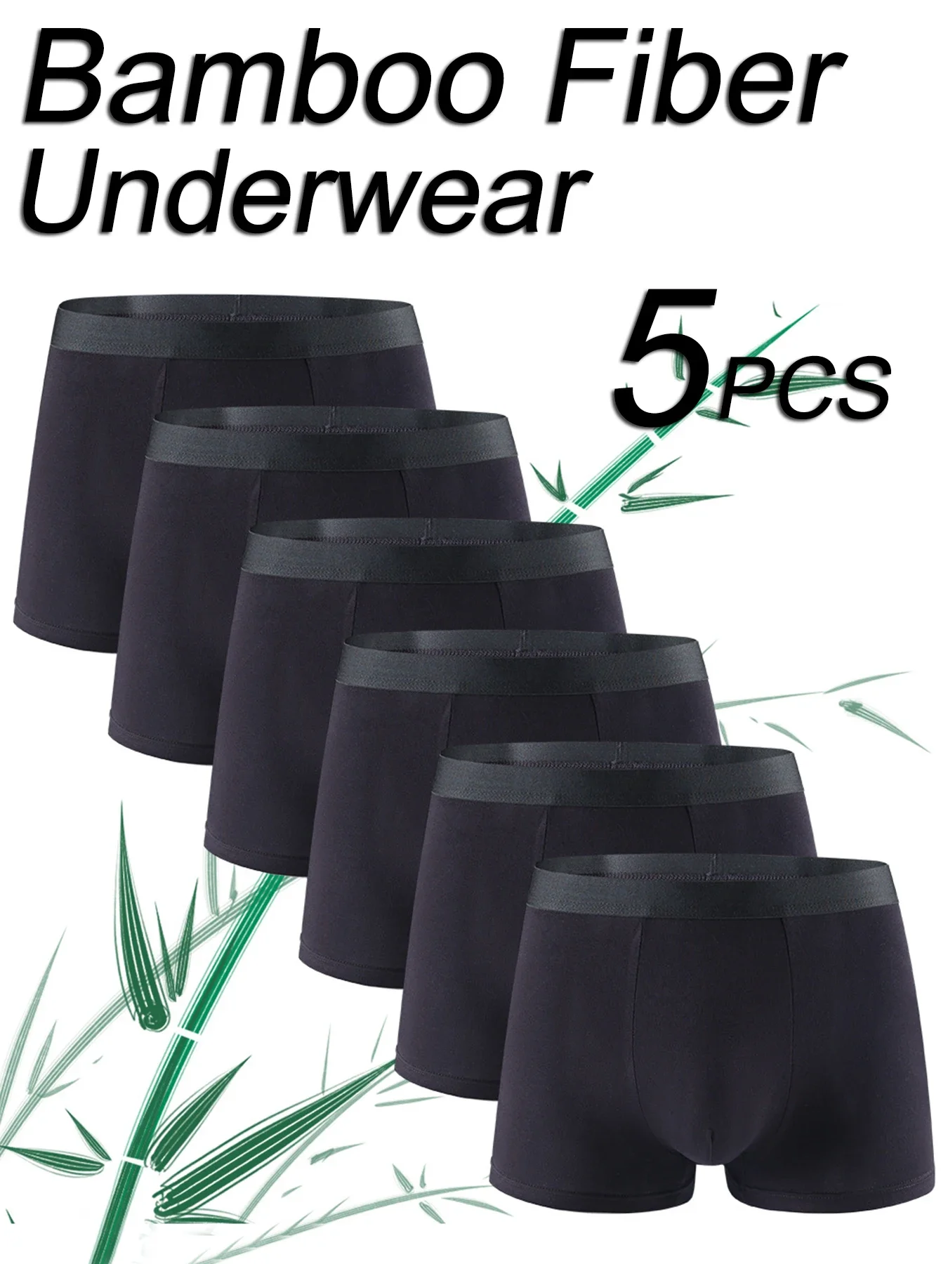 5-Piece Set Of Bamboo Fiber Men's Pure Black Boxer Shorts, Personalized Luxury Fashion Underwear, Casual Boxer Shorts