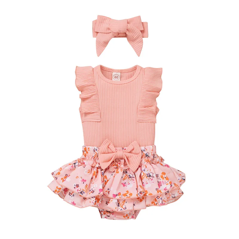 

0-24M Children's clothing girls pit strip flying sleeve floral skirt four-color three-piece suit kids' clothes wear