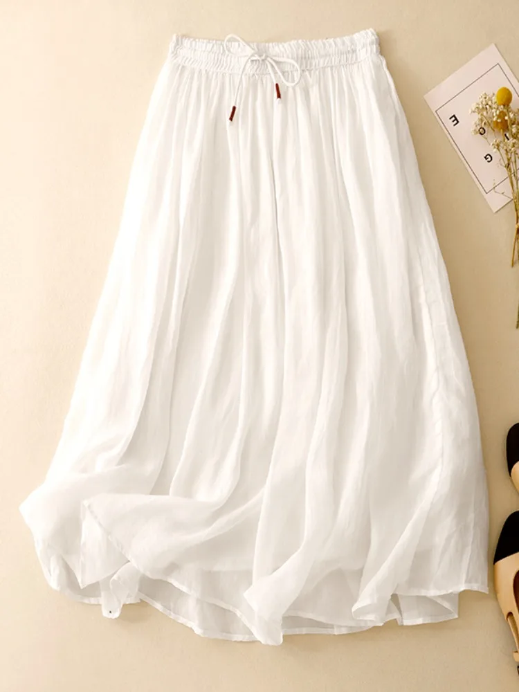 Retro Single Color Double Layered Flax Maxi Skirt Women's Summer Hanfu Style A-Line Midi Skirt High Waist Gently Flared