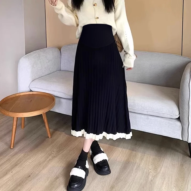 

Korean Style Pregnant Women Spring and Autumn Knitted Umbrella Skirt Fashionable Princess Skirt Contrast Color Splicing Trumpet