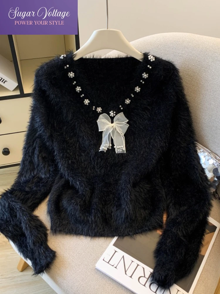 Français Vintage élégant Chic tricot doux pull gilet femmes ample col en v nœud Chic hauts décontracté mode bureau dame pulls en peluche