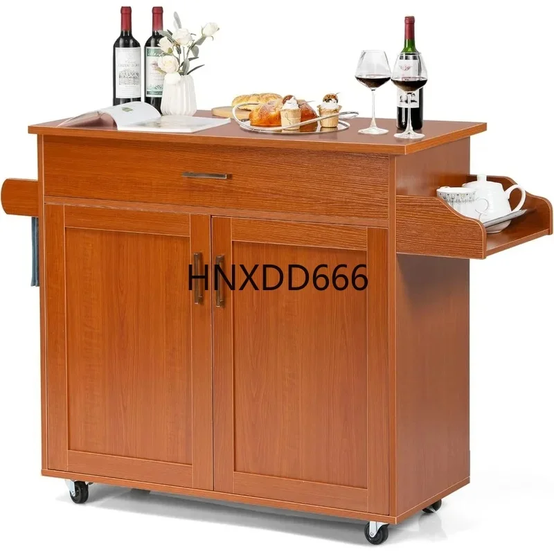 Rolling Kitchen Island Cart with Lockable Rubber Wheels, Large Storage Cabinet, Towel Rack, and Adjustable 3-Position Shelf