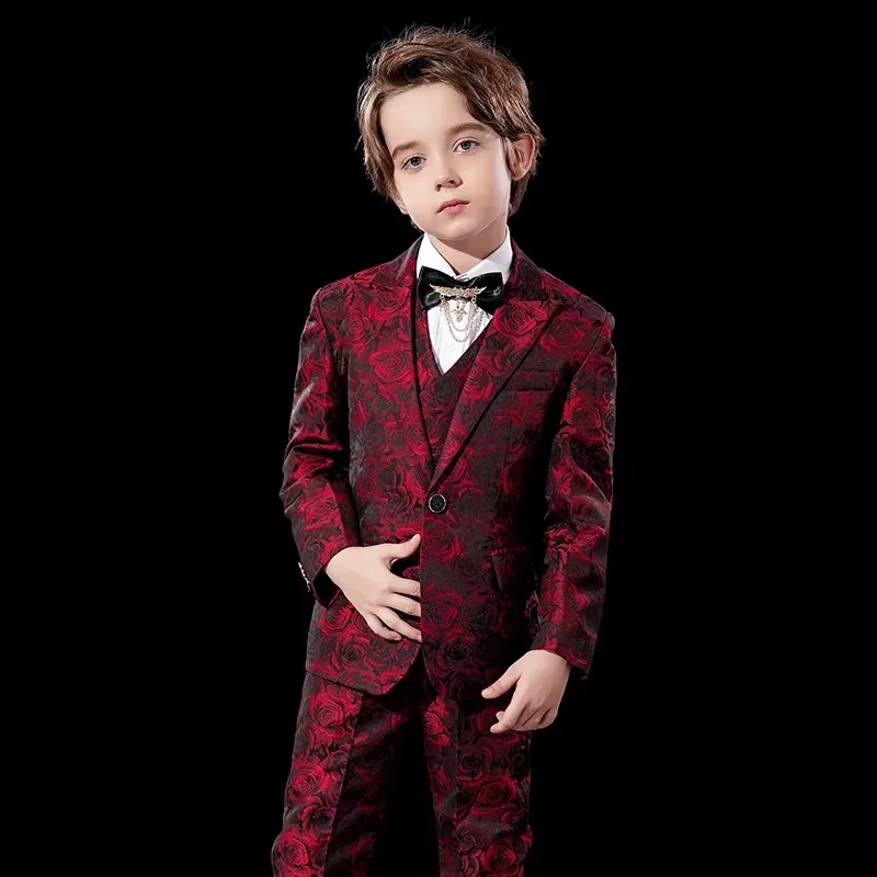 Formal Boys Wedding Suit  Costume for Children Student Luxury Jacquard Fabric Wine Red Hosts Choral Performance Clothes Sets