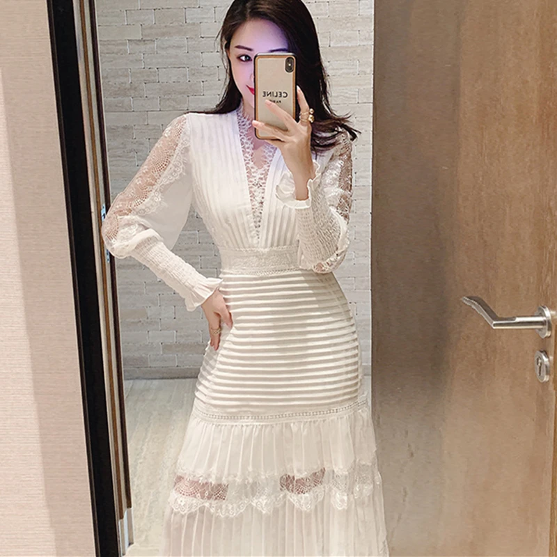 

Wavsiyier Luxury Long Lantern Sleeve Patchwork Lace Embroidery Dresses Women Party Elegant Spring Boho High Waist 2022 Dress V