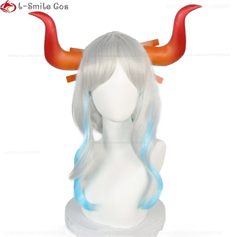 Yamato Cosplay Wig Anime Yamato Wig Cosplay Horns Long Curls Gradient Woman Resistant Hair Halloween Wigs Props Wig Cap