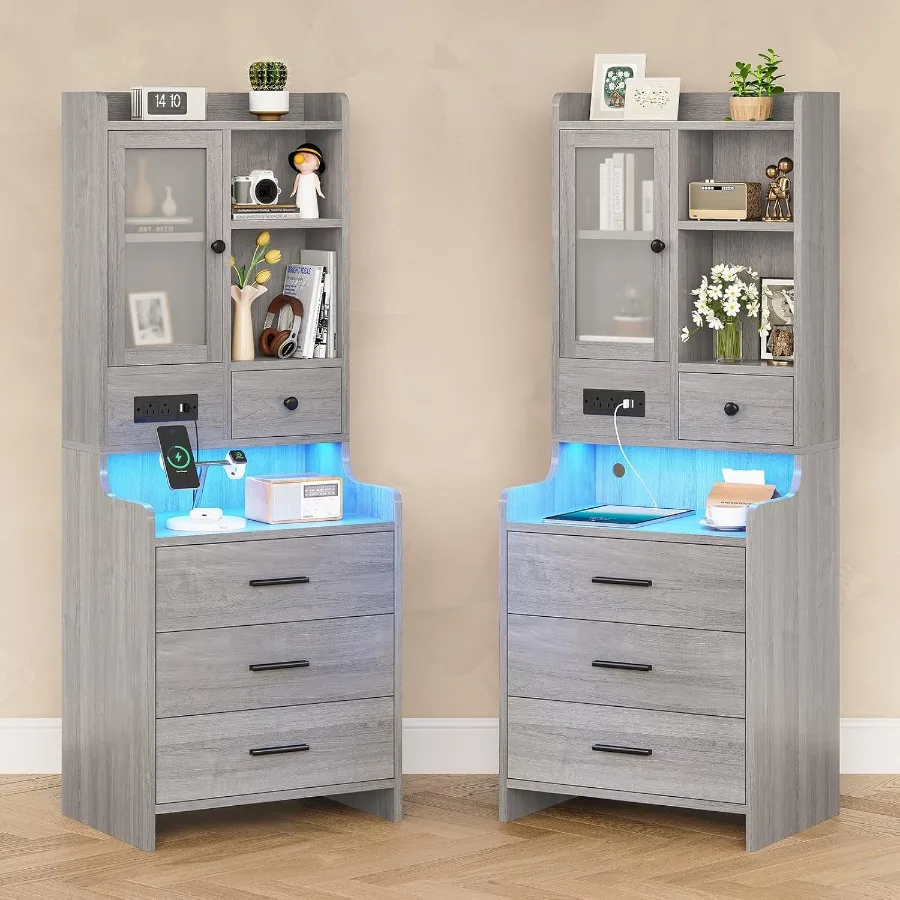 Grey Nightstand Set of 2 LED Night Stand Set 2 with Charging Station Tall Bedside Table with Bookshelf Drawers End Side Table w