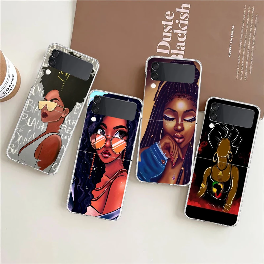 

Fashion Black Girl Hard PC Phone Case For Samsung Galaxy Z Flip 4 5 6 Black Cover For Galaxy Z Flip 3 Foldable Shockproof Cases