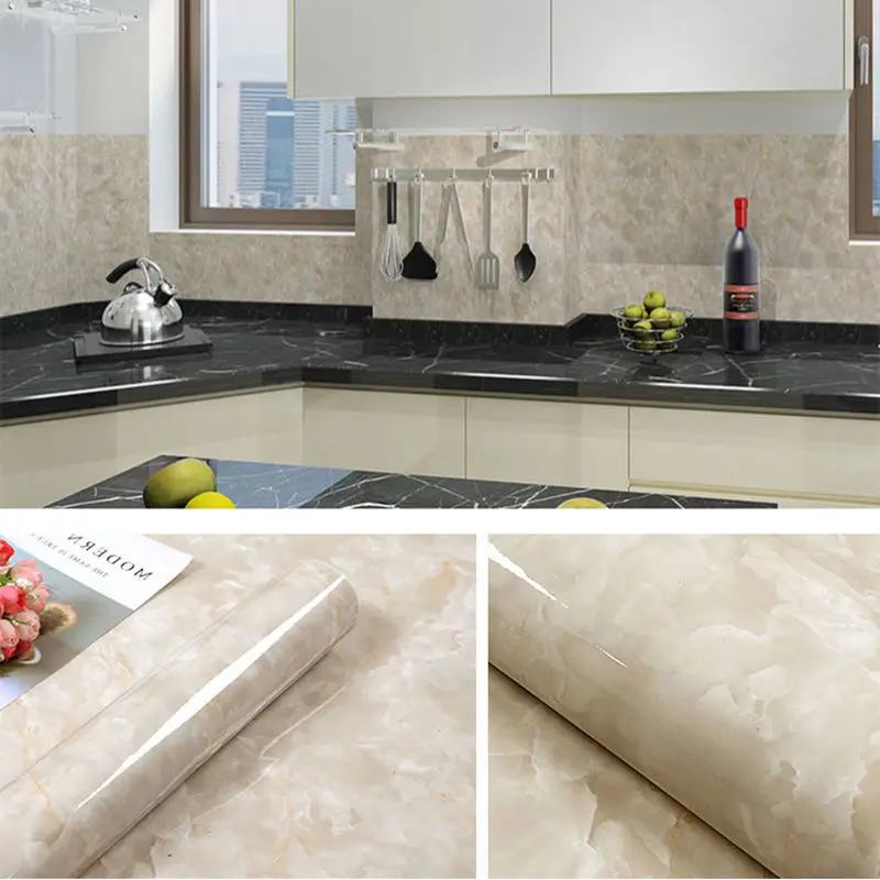 Kitchen DIY Self-Adhesive Waterproof Oil-proof PVC Wall Stickers Cabinets Countertop Wallpaper Bathroom Desktop Renovation Films