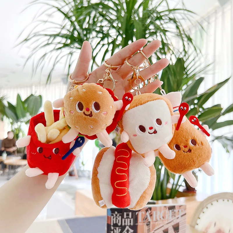 5 PCs 세트 크리 에이 티브 새로운 감자 튀김 버거 교수형 가방 커플 플러시 매달려 장식 소녀 심장 자동차 키 체인 작은 인형